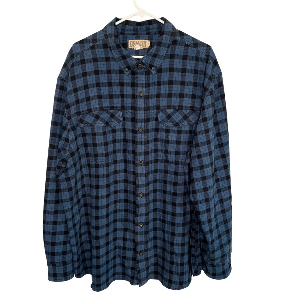 Duluth Trading Mens Sz 2XL Blue Black Plaid Flannel Shirt Button Up Long Sleeve